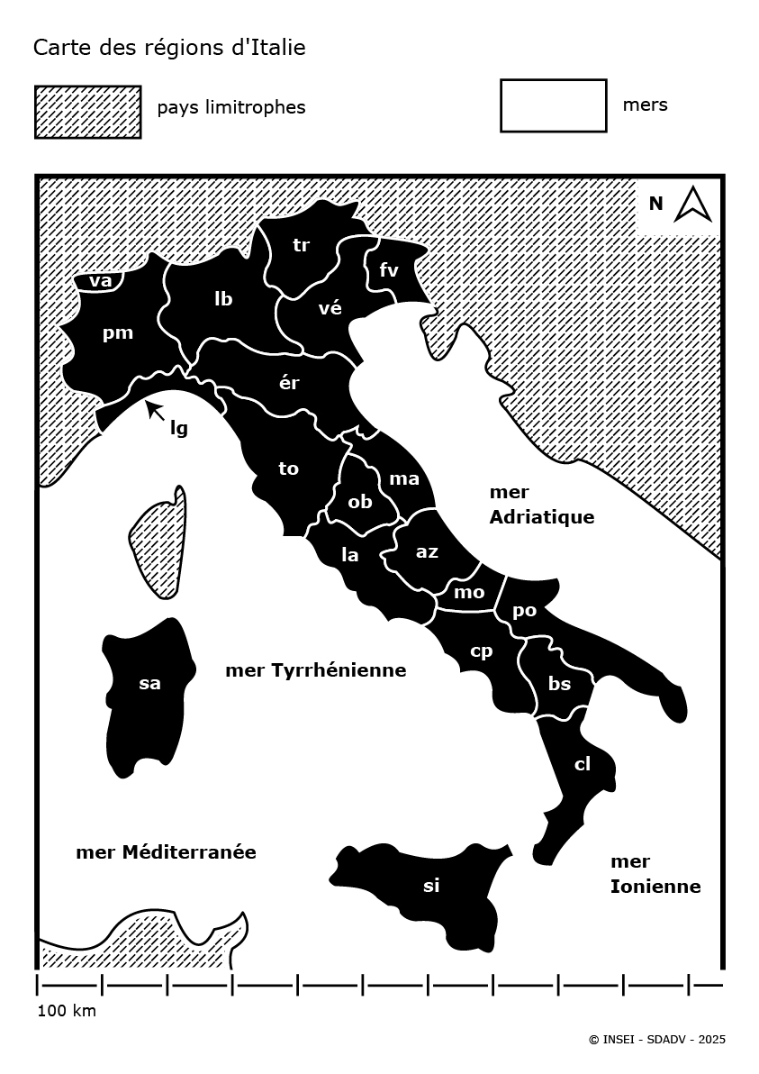Carte des régions d'Italie en nuances de gris