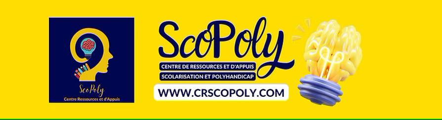 Profil d'un visage puis le logo de ScoPoly ainsi qu'une ampoule allumée