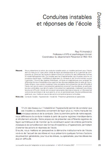 Première page de l'article "Conduites instables et réponses de l’école"
