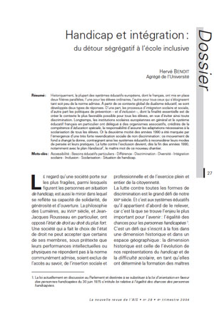 Première page de l'article de La Nras 28 : "Handicap et intégration : du détour ségrégatif à l’école inclusive"