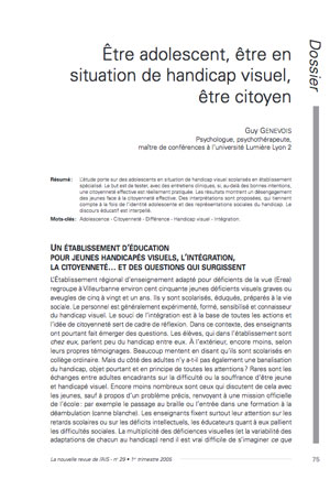 Première page de l'article de la Nras 29 : "Être adolescent, être en situation de handicap visuel, être citoyen"