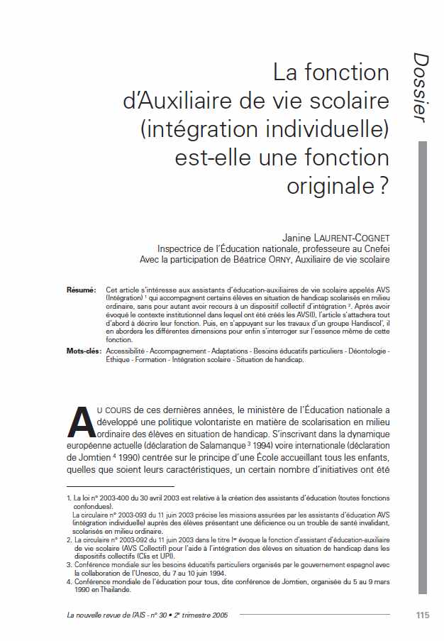 Première page de l'article "La fonction d'Auxiliaire de vie scolaire (intégration individuelle) est-elle une fonction originale ?"