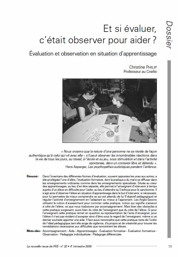 Première page de l'article de La Nras 32 : "Et si évaluer, c'était observer pour aider ? Évaluation et observation en situation d'apprentissage"