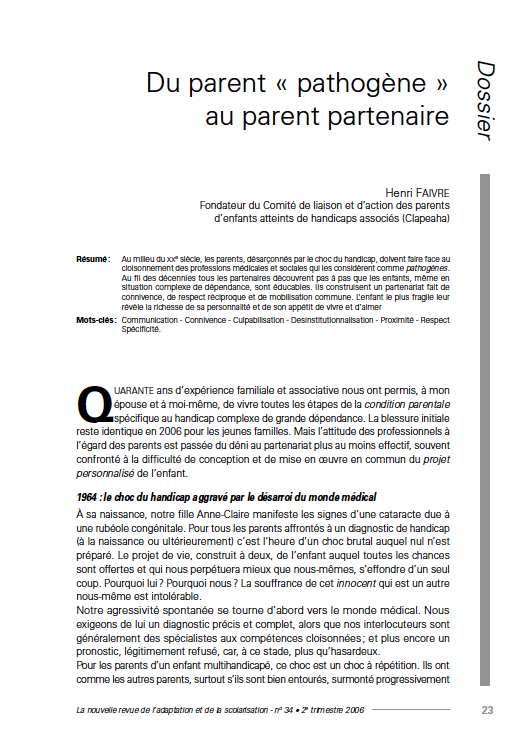 Première page de l'article de La Nras 34 : "Du parent « pathogène » au parent partenaire"