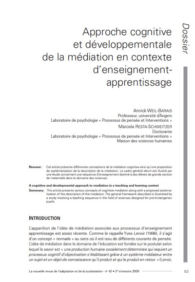 Première page de l'article "Approche cognitive et développementale de la médiation en contexte d’enseignement-apprentissage"