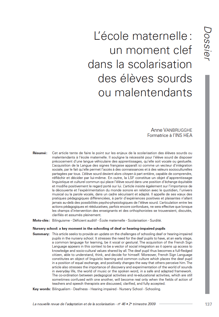 Première page de "L’école maternelle : un moment clef dans la scolarisation des élèves sourds ou malentendants"