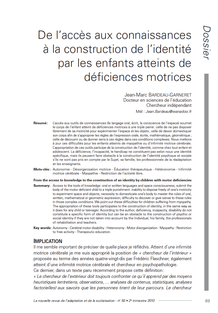 Première page de l'article De l’accès aux connaissances à la construction de l’identité par les enfants atteints de déficiences motrices », Jean-Marc Bardeau-Garneret
