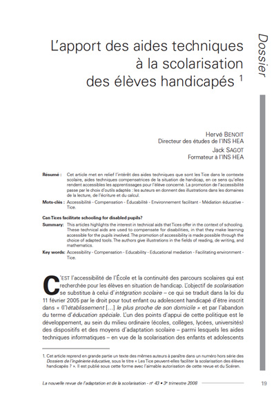 Première page de l'article "L’apport des aides techniques à la scolarisation des élèves handicapés"