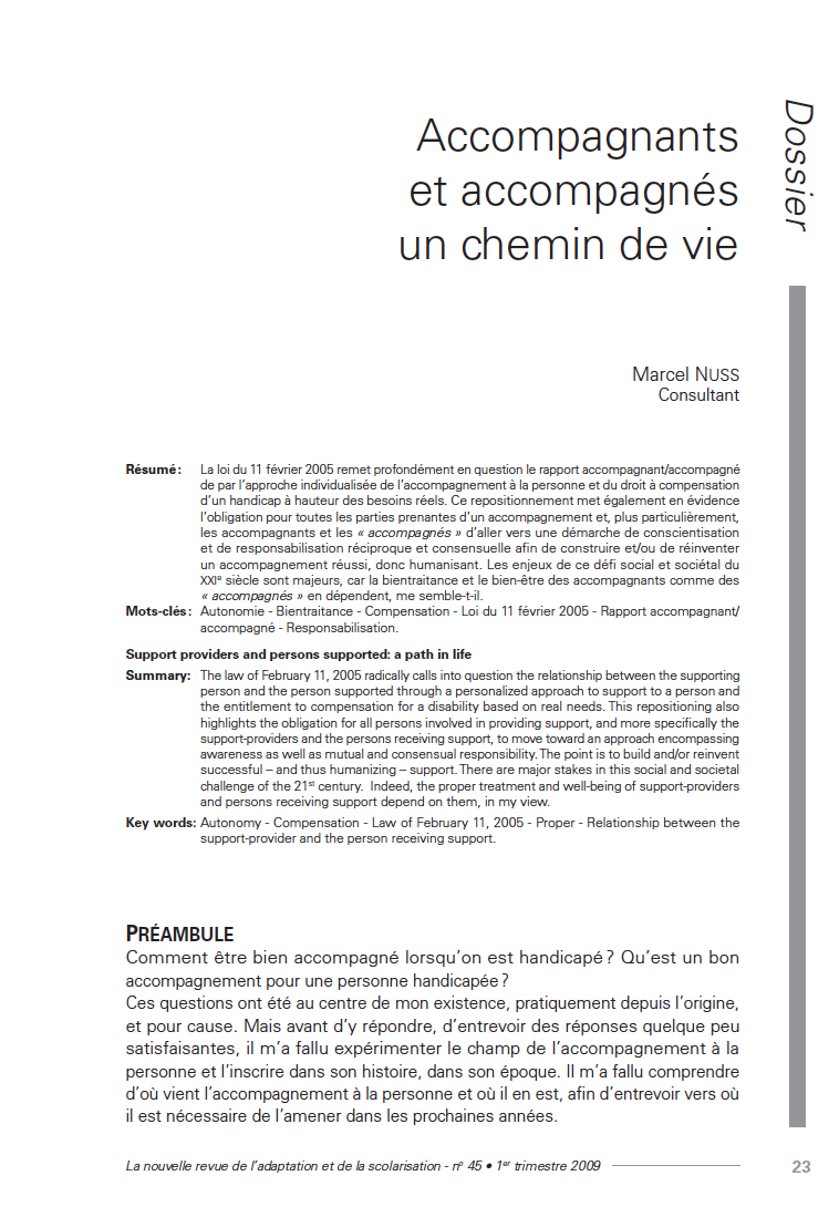 Première page de l'article de M. Nuss : "Accompagnants et accompagnés, un chemin de vie"