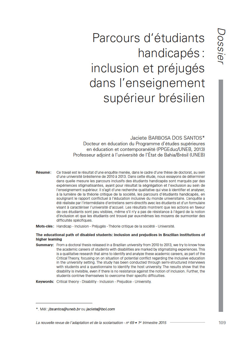 Première page de l'article «Parcours d‘étudiants handicapés : inclusion et préjugés dans l’enseignement supérieur brésilien»