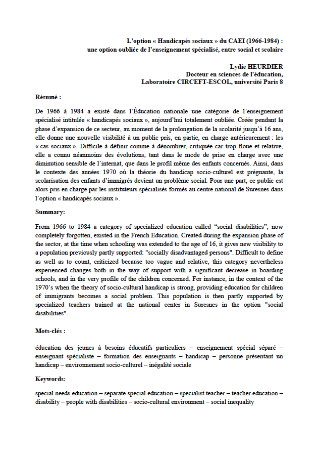 Page de l'article de Lydie Heurdier "L’option « Handicapés sociaux » du CAEI (1966-1984) : une option oubliée de l’enseignement spécialisé, entre social et scolaire"