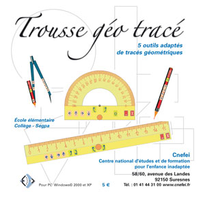 Jaquette du logiciel "Trousse géo tracé" illustrée par des outils géométriques (compas, etc.)