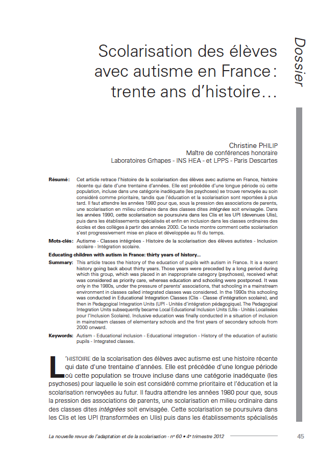 Première page de l'article de Christine Philip (Scolarisation des élèves avec autisme en France : trente ans d’histoire…) publié dans la Nras 60