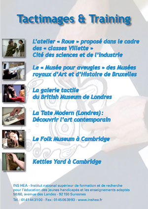 Jaquette du film "Tactimages et training" illustrée par plusieurs photos de personnes déficientes visuels dans des musées.